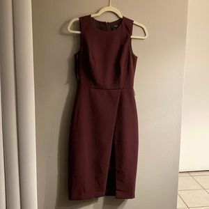 Dark purple dress, no sleeves, asymmetrical, long